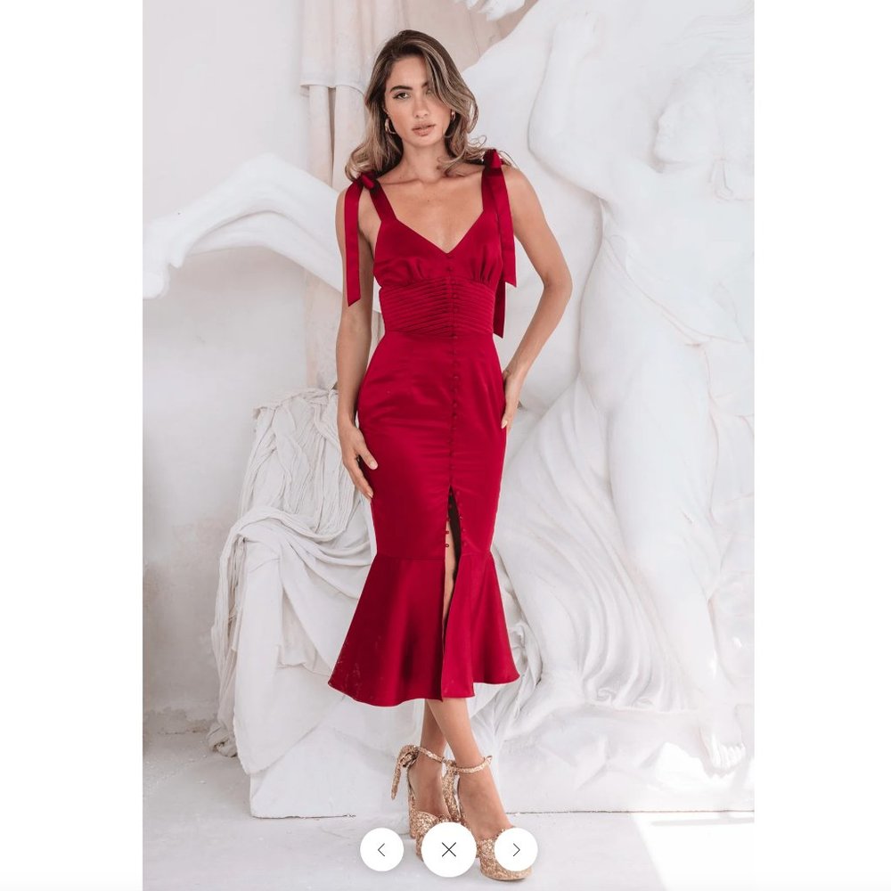 Lavish Alice KAMILA TIE STRAP MICRO BUTTON SATIN MIDI DRESS IN BURGUNDY